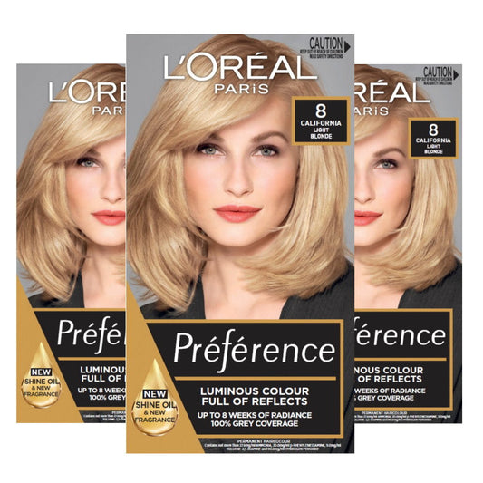 3x L'Oreal Paris Preference Permanent Hair Colour 8 California Light Blonde