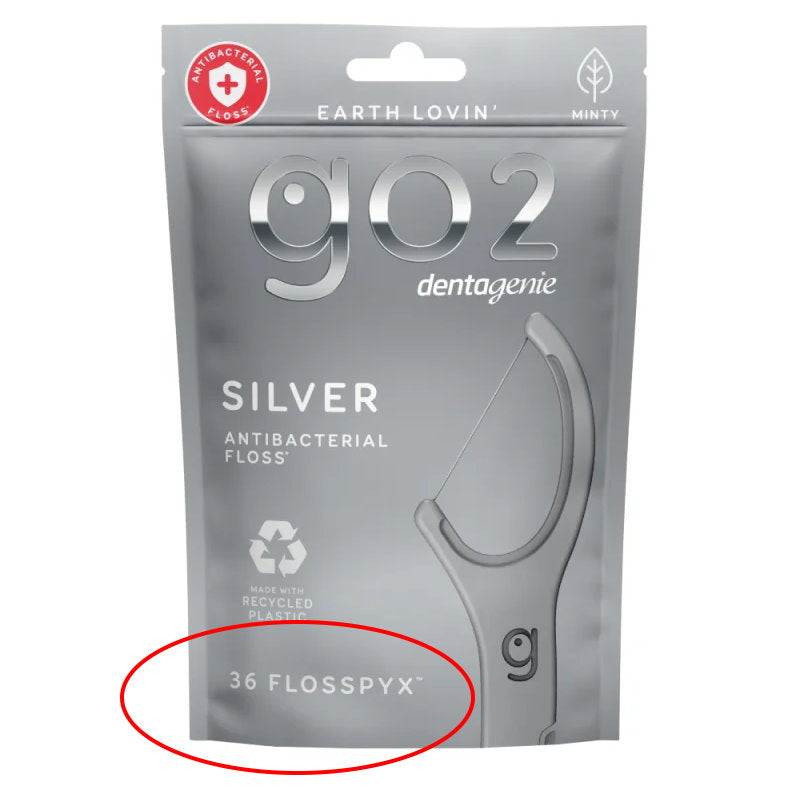 6x Go2 Dentagenie Floss Picks Silver Anti-Bac Mint 36pack