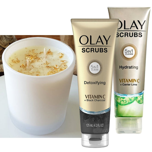 Time Out Pack - 3pk Olay Scrubs 5 in 1 Clean & Scented Candles Vanilla Caramel