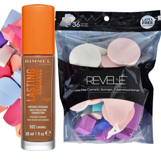 Shop Now Rimmel Lasting Radiance Foundation 502 Caramel plus Makeup Sponges Makeup Warehouse Australia