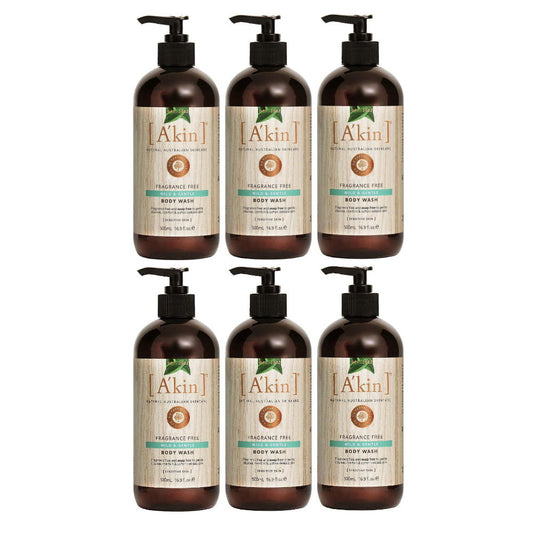 6 x Akin Fragrance Free Mild and Gentle Body and Hand Wash 500ml