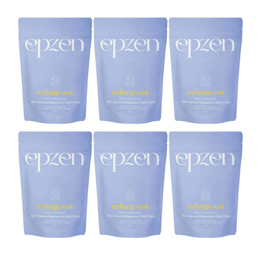 6 x Epzen Recharge Soak Reset & Rejuvenate 100% Natural Magnesium Bath Flakes 500g