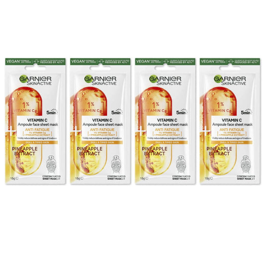 4 x Garnier Skin Active Vitamin C Anti Fatigue Ampoule Face Sheet Mask Pineapple Extract 15g