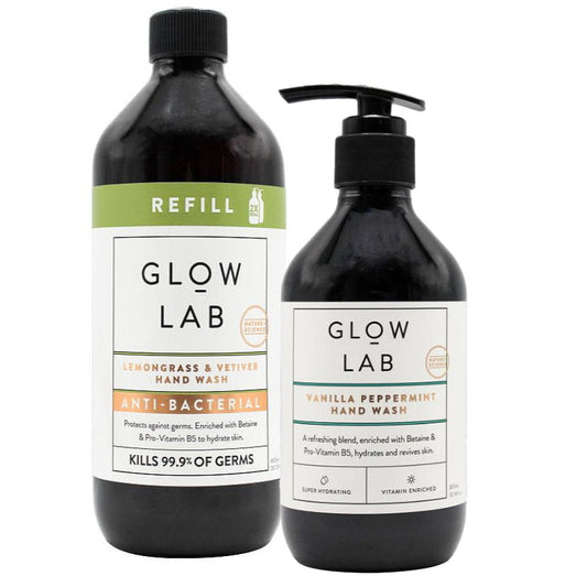 2pk Glow Lab Vanilla, Peppermint Hand Wash Pump & Lemongrass Refill - Makeup Warehouse Australia