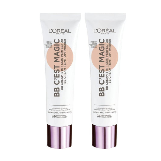 2x LOreal C'est Magic BB Cream 5 in 1 Skin Perfector Medium Light - Medium Skin Tone 30mL