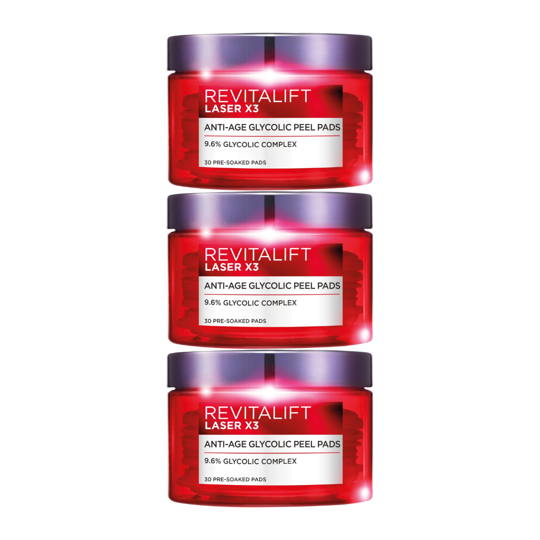 3 x LOreal Revitalift Laser Renew Anti Ageing Glycolic Peel 30 pack