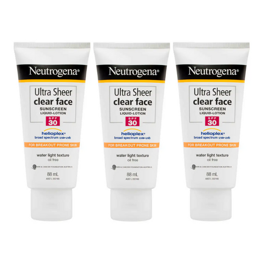 3 x Neutrogena Ultra Sheer Clear Face Sunscreen SPF30 88ml EXP 02/2024