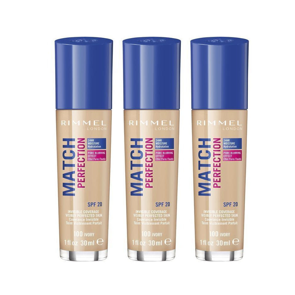 3x Rimmel Match Perfection Liquid Foundation 30mL 100 Ivory