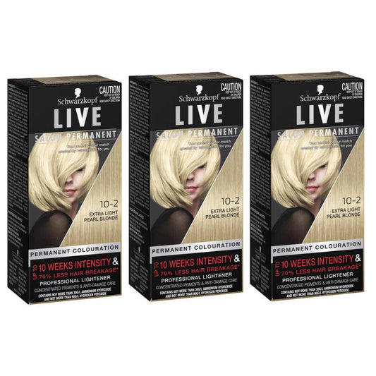 3 x Schwarzkopf LIVE Salon Permanent Hair Colour 10-2 Extra Light Pearl Blonde