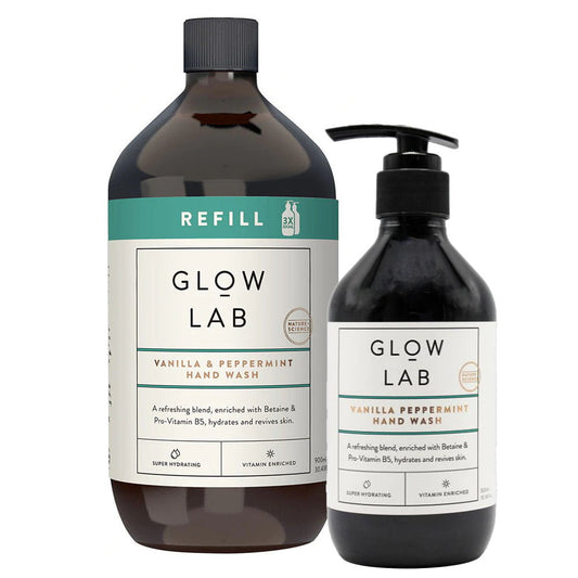 2pk Glow Lab Vanilla & Peppermint Hand Wash Pump & Refill - Makeup Warehouse Australia