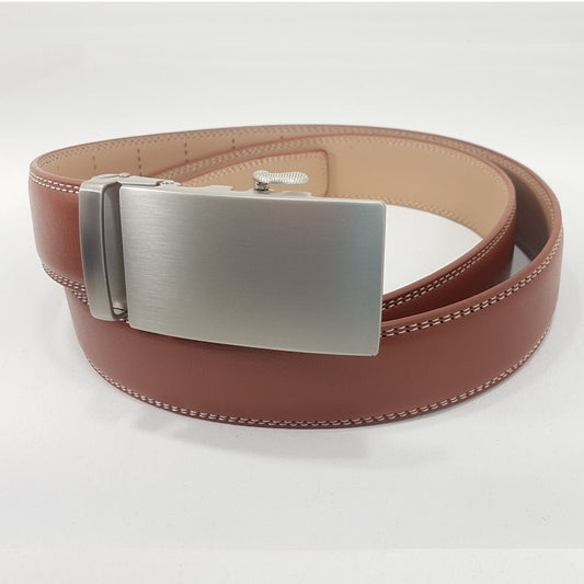 OSKA Men’s Belt Genuine Leather Automatic Buckle Matt Silver - Tan Brown - Makeup Warehouse Australia