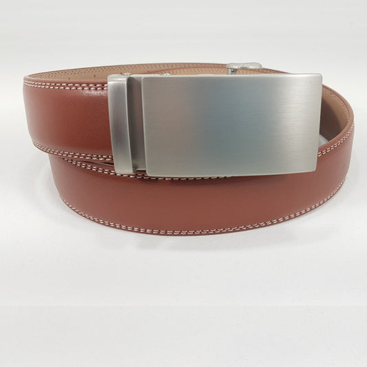OSKA Men’s Belt Genuine Leather Automatic Buckle Matt Silver - Tan Brown - Makeup Warehouse Australia