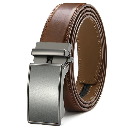 OSKA Men’s Belt Genuine Leather Automatic Buckle Dark Silver - Brown - Makeup Warehouse Australia
